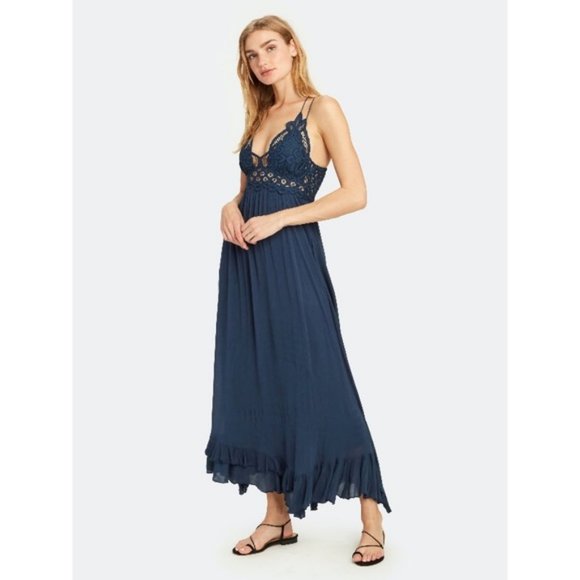 Free People Navy Blue Adella Lace Smocked Back Ruffle Hem Maxi Slip Dress Small - Picture 2 of 11